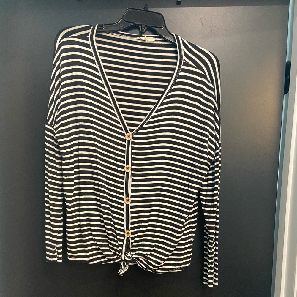 BiBi Black and White Striped Button Down With Tie Detail Size M